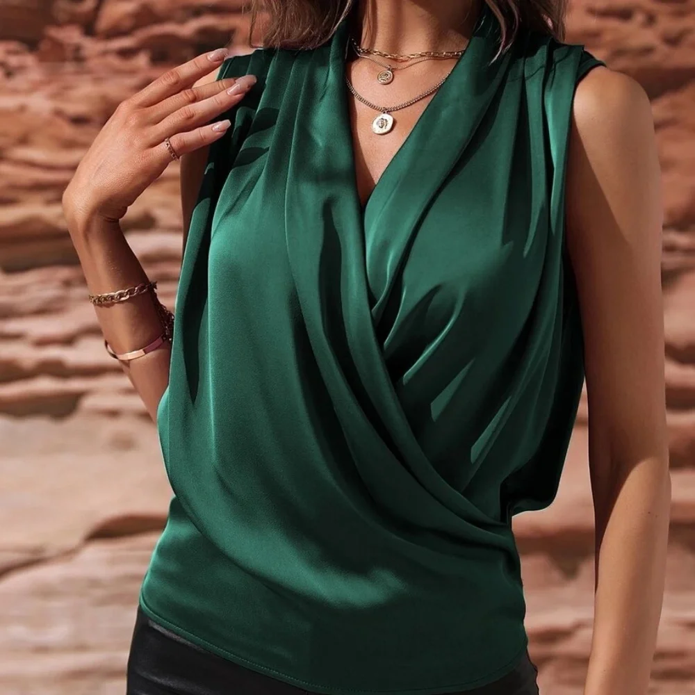 Luxe Satin Overlap Sleeveless Blouse - Picture 4 of 11